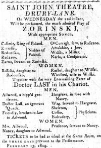 February 1809 playbill for Zorinski
