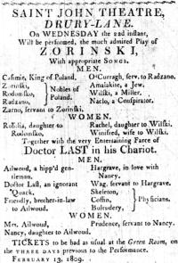 February 1809 playbill for Zorinski